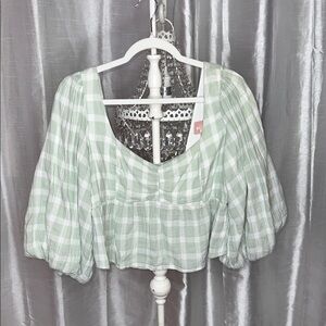 Show Me Your Mumu Angelique Top green plaid with puff sleeves